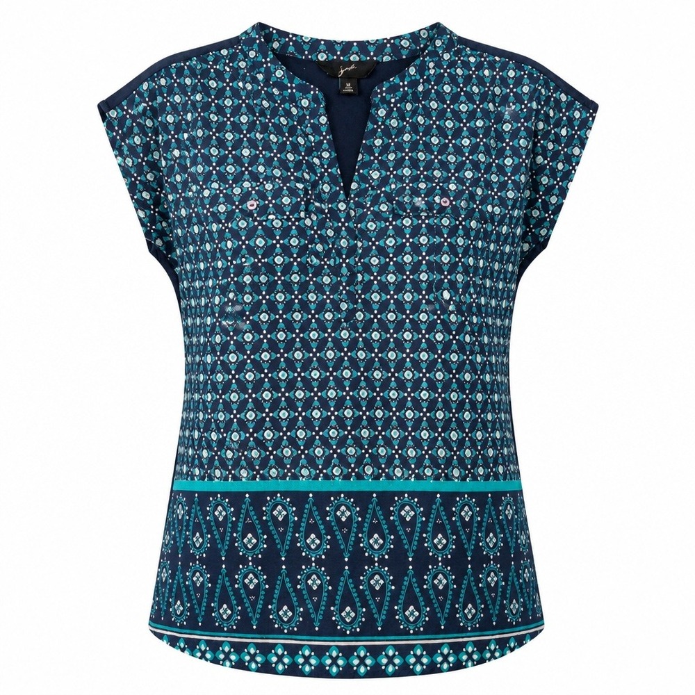 Gnw Women Navy Teal Geometric Paisley Print Cap Sleeve Mixed Media Blouse Size M